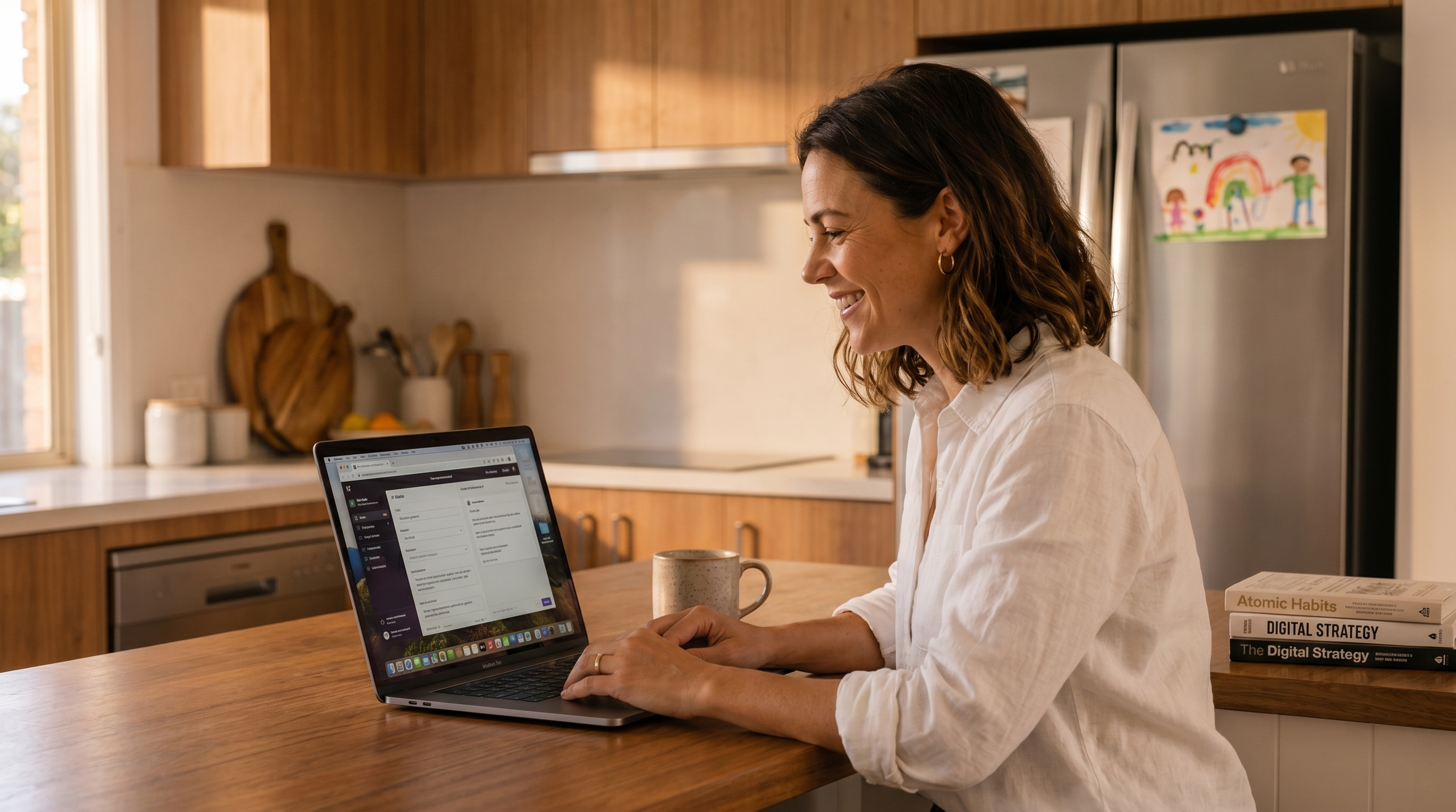 Sophie at her kitchen bench with laptop and coffee, building Parent Stack