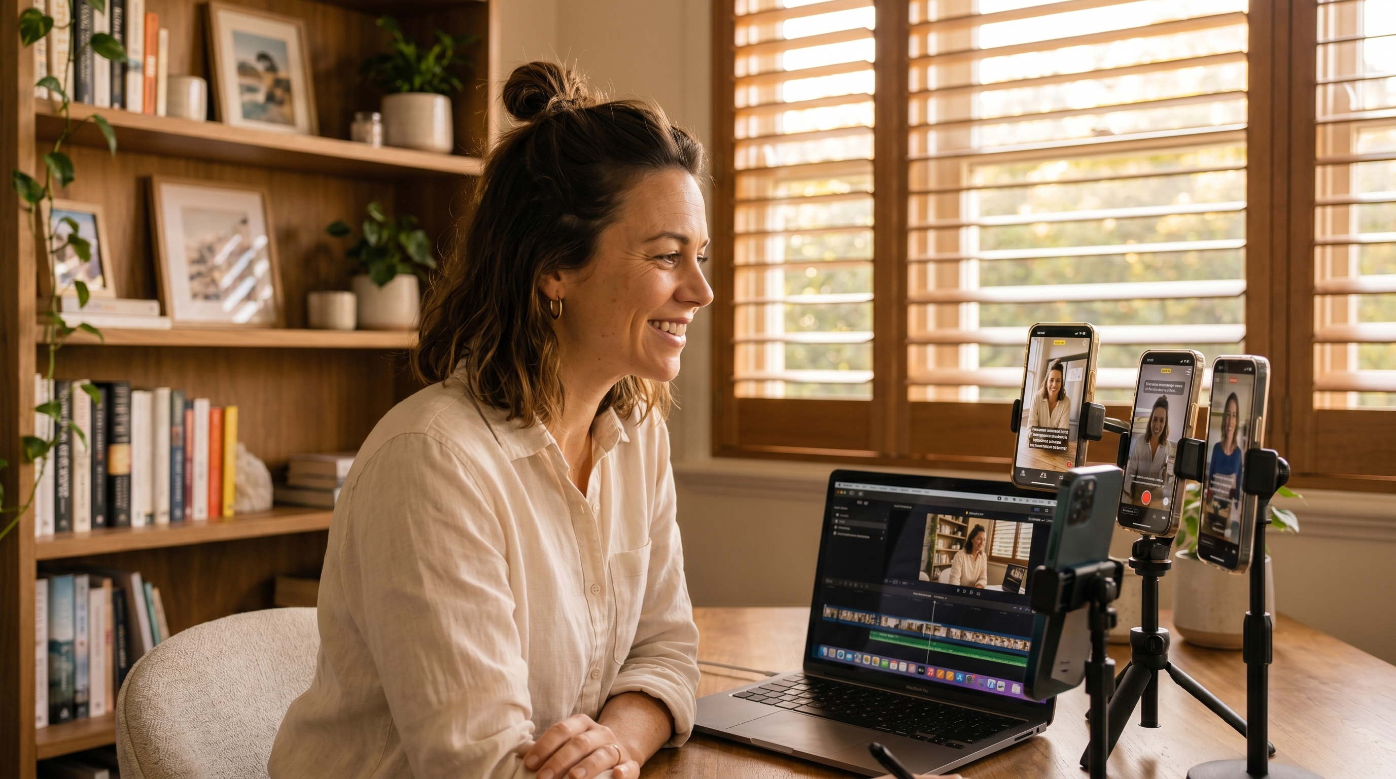 Sophie in her home office creating video content with AI tools