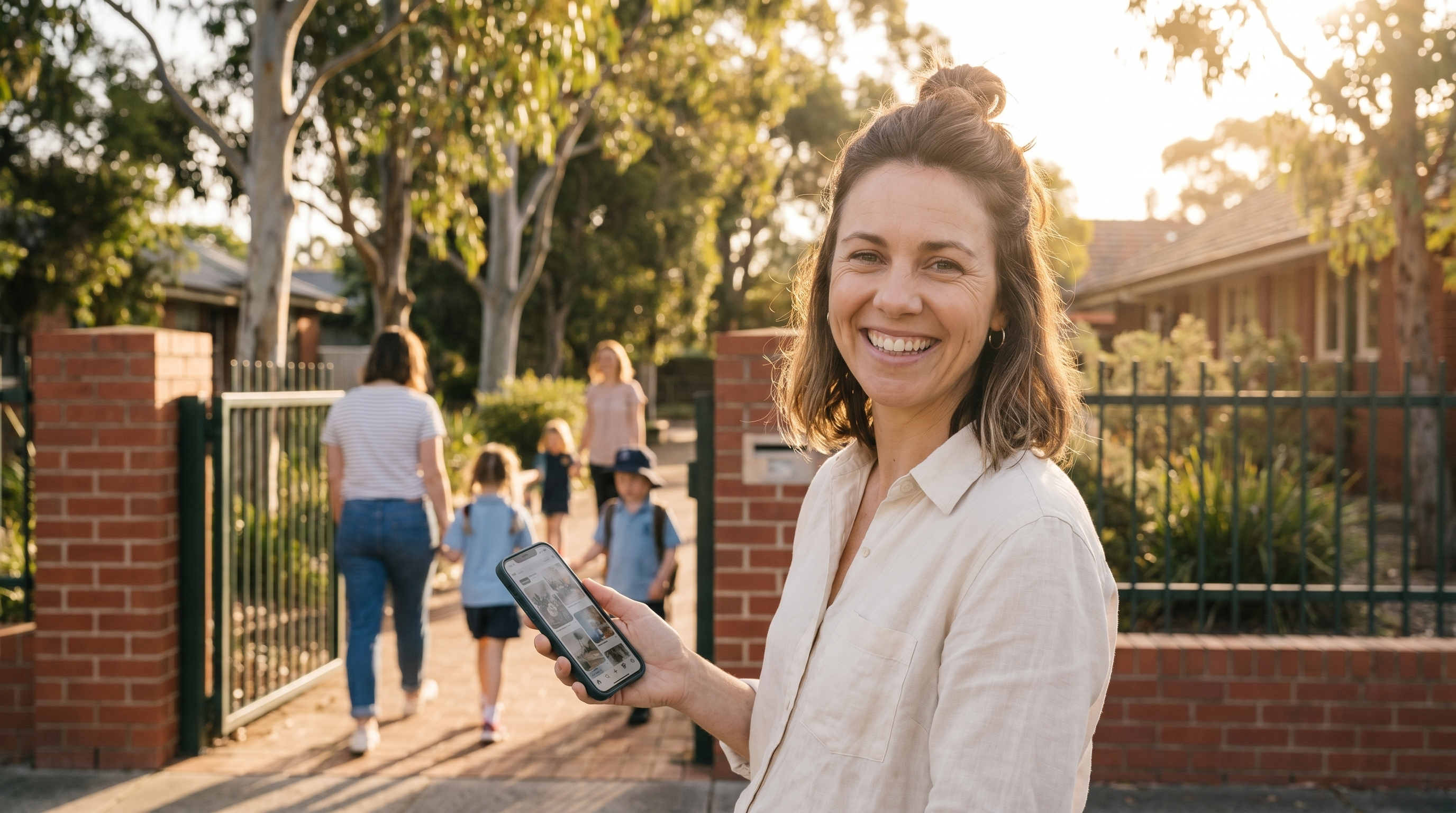 Working mum at school gate holding phone with Pinterest feed, building digital income between pickups