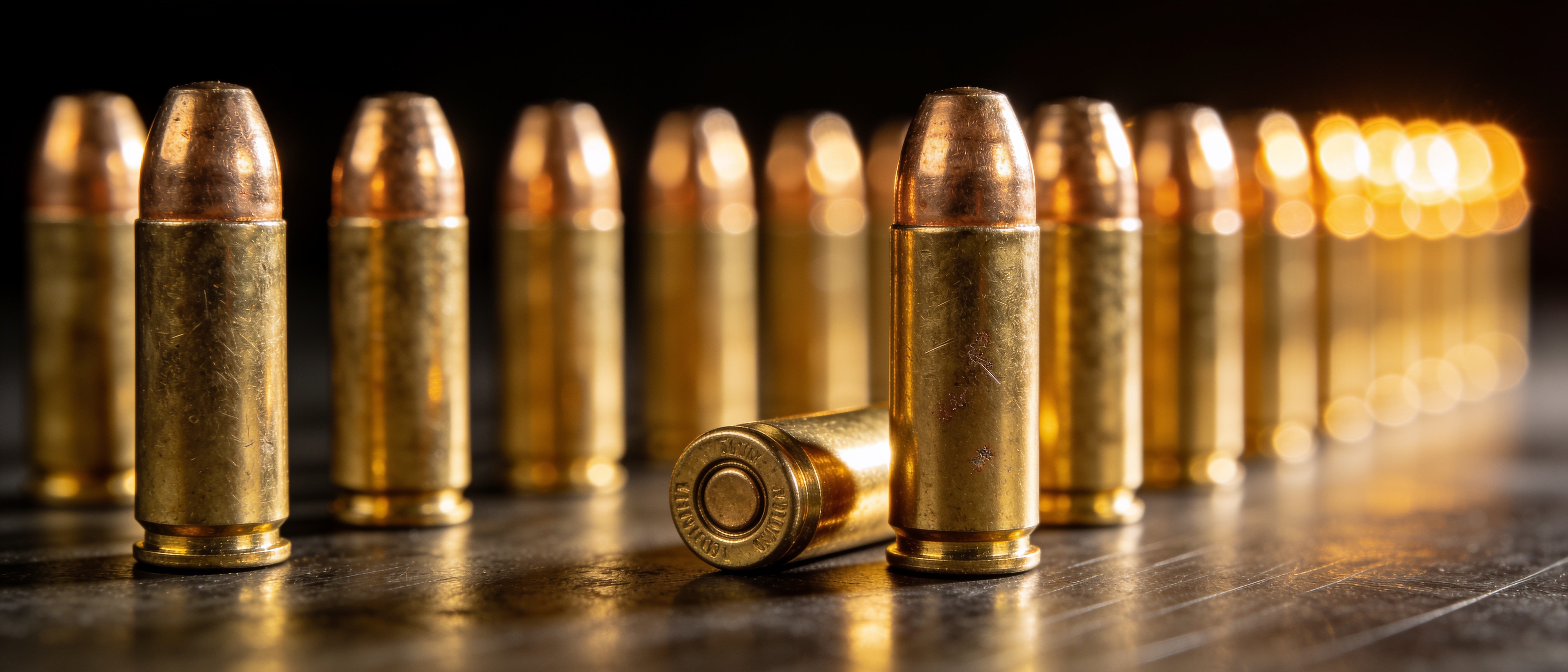 Brass cartridges standing on a dark steel surface in warm light