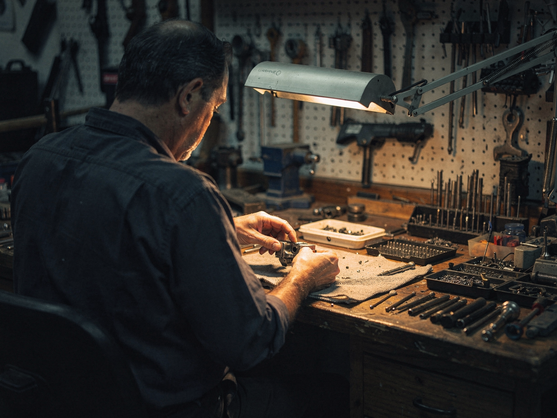 A gunsmith at work under a task lamp at a workbench, seen from behind