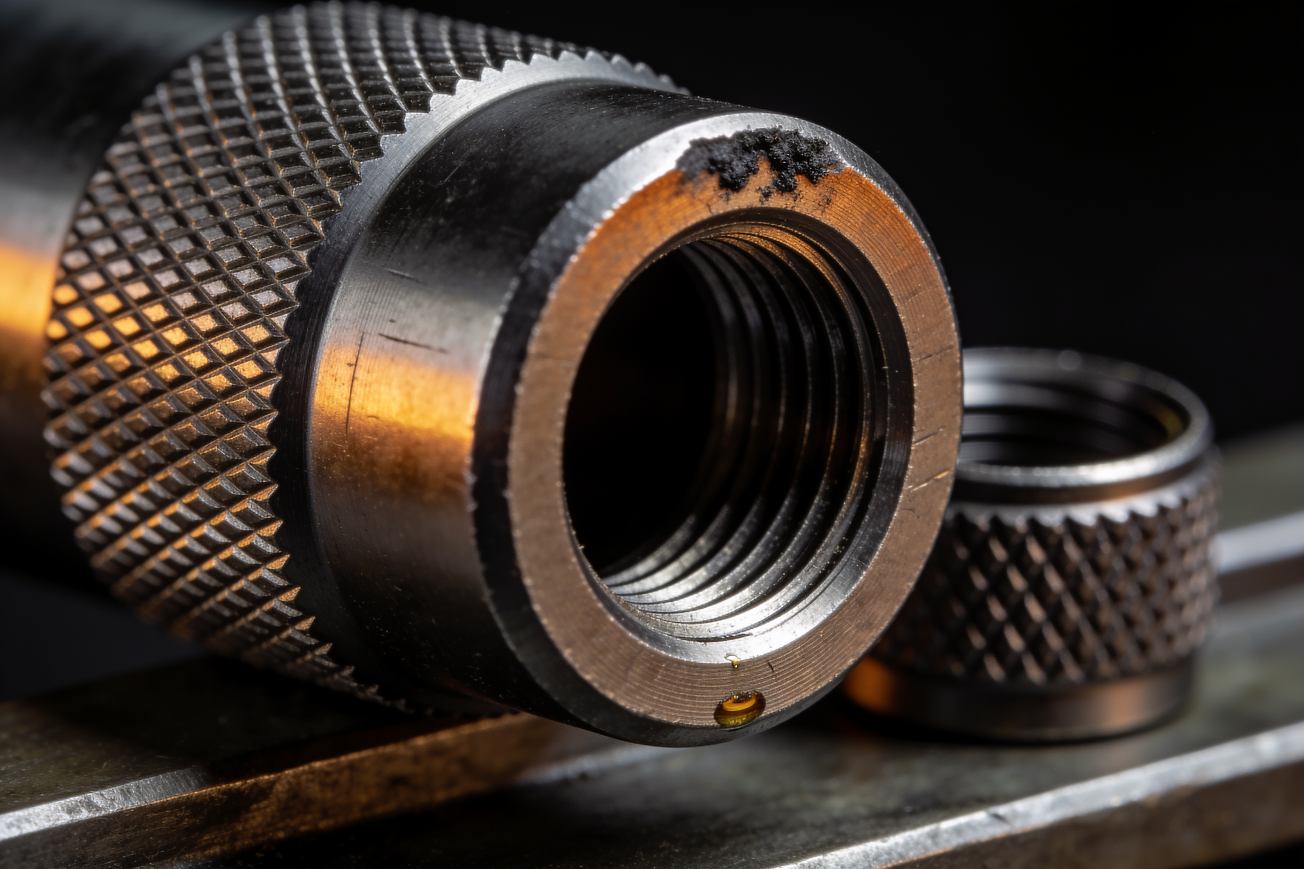 Macro of a threaded barrel muzzle with a knurled thread protector
