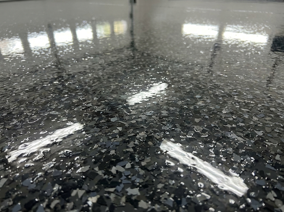 Nightfall flake blend — dark charcoal and black epoxy floor