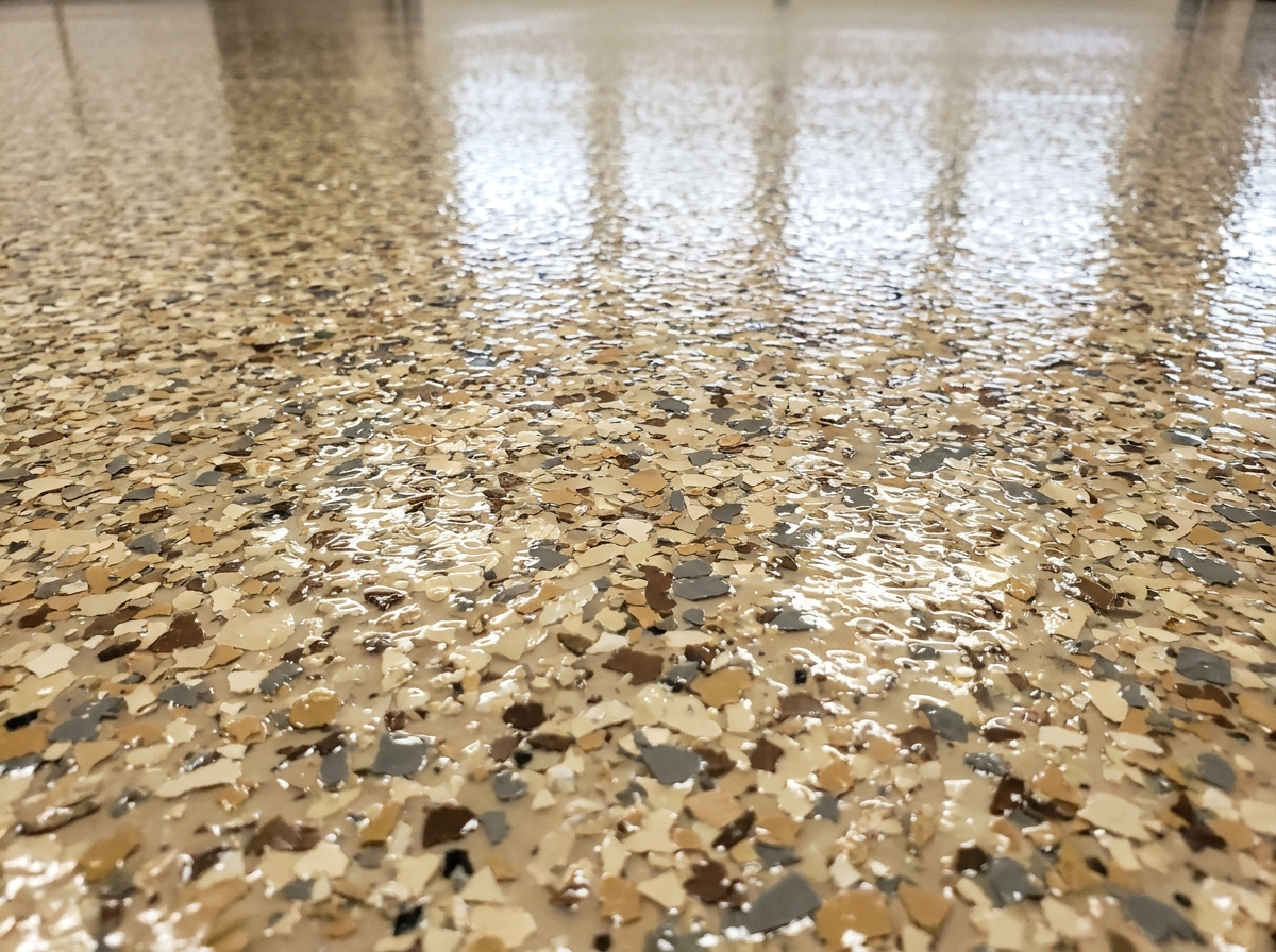 Creekbed flake blend — beige, tan, brown, and gray epoxy floor