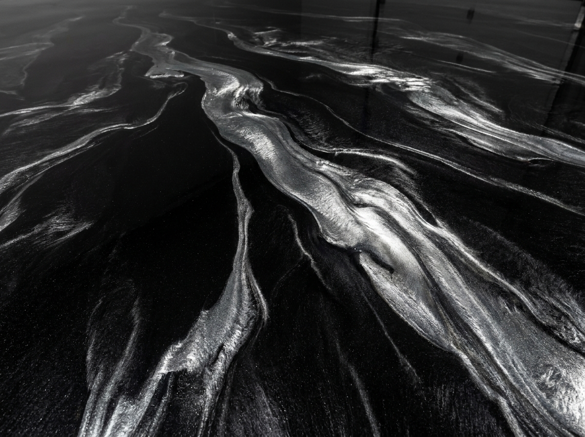 Liquid Titanium metallic epoxy floor — black and silver swirl