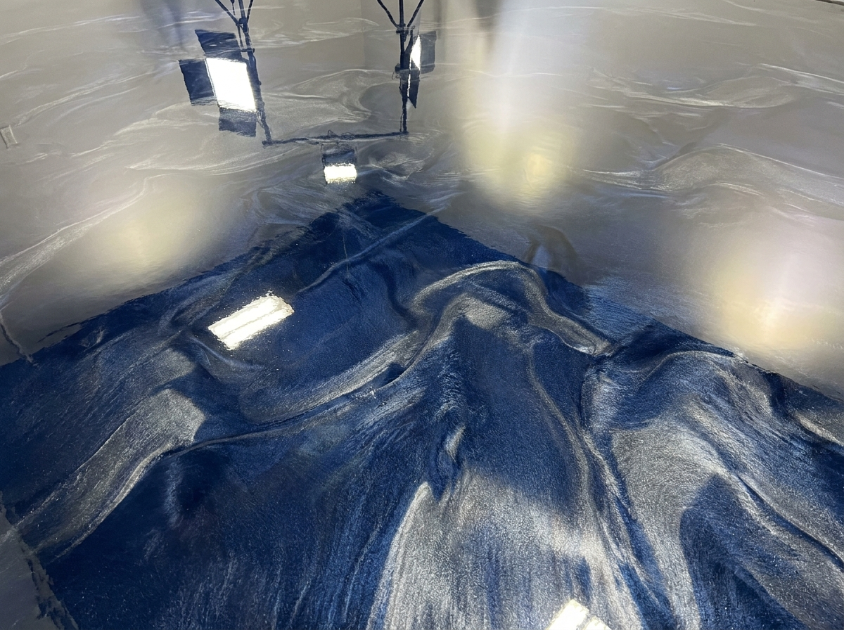 Midnight Blue metallic epoxy floor — deep blue and silver swirl