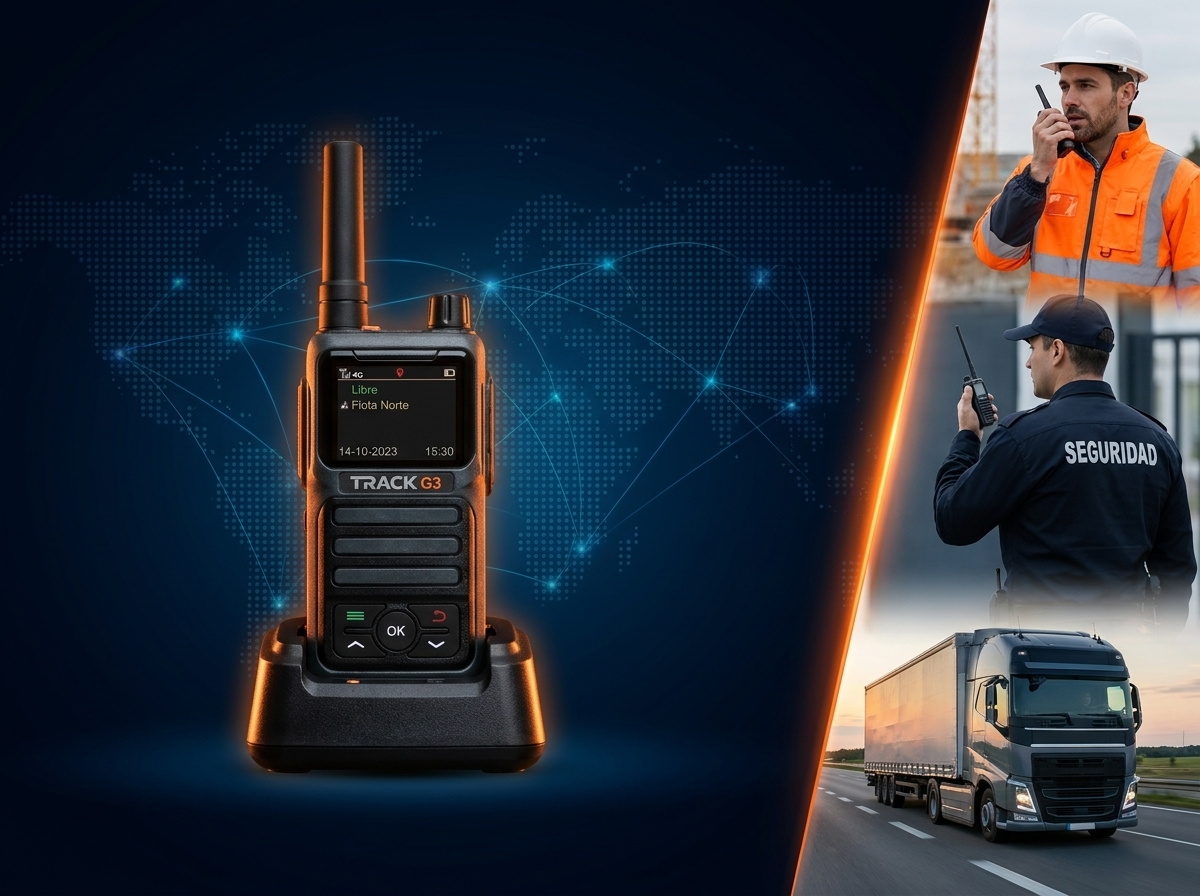 Radio Track G3 en su base de carga con cobertura 4G — construcción, seguridad y transporte