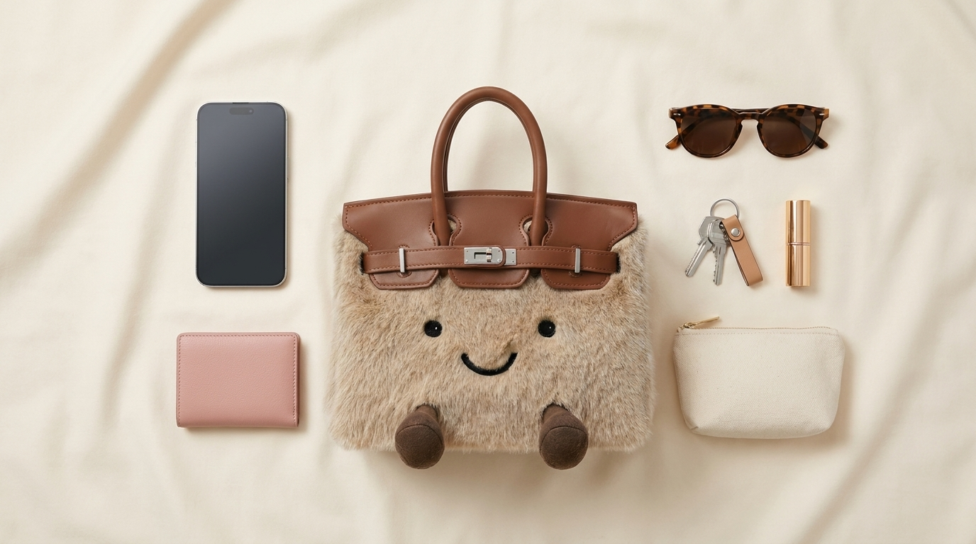 What fits inside the KIBOO Cloud Tote — flat lay of phone, wallet, sunglasses, keys, makeup