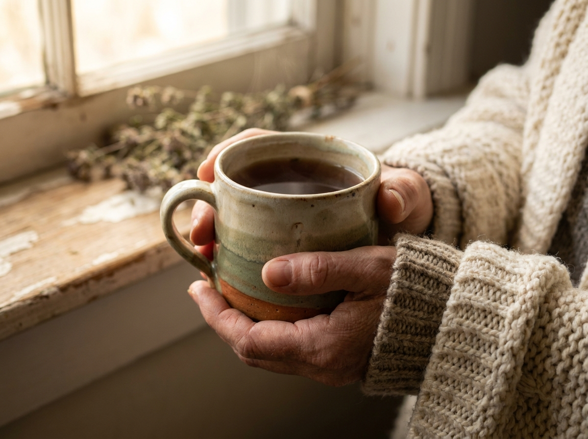 Hands cradling a warm cup of tea