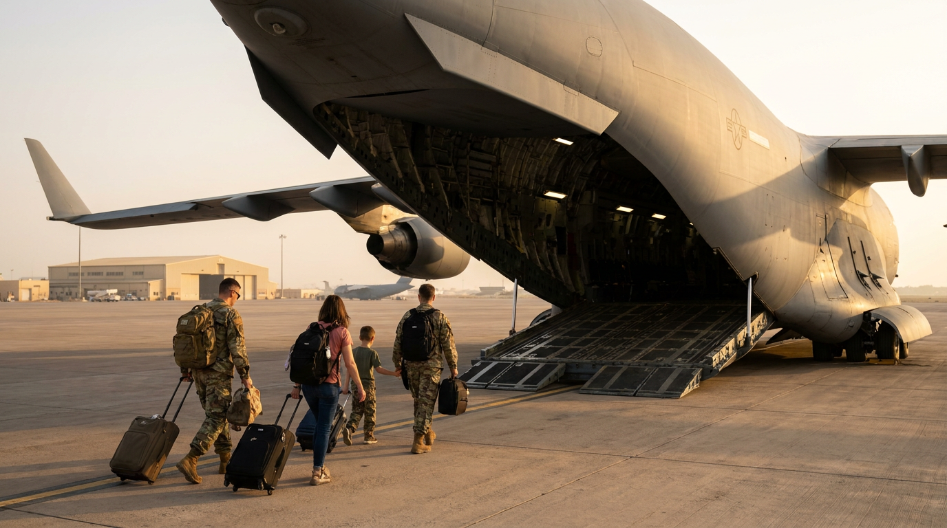 Space-A flights 2026: military family boarding a C-17 Globemaster at an Air Mobility Command passenger terminal at dawn