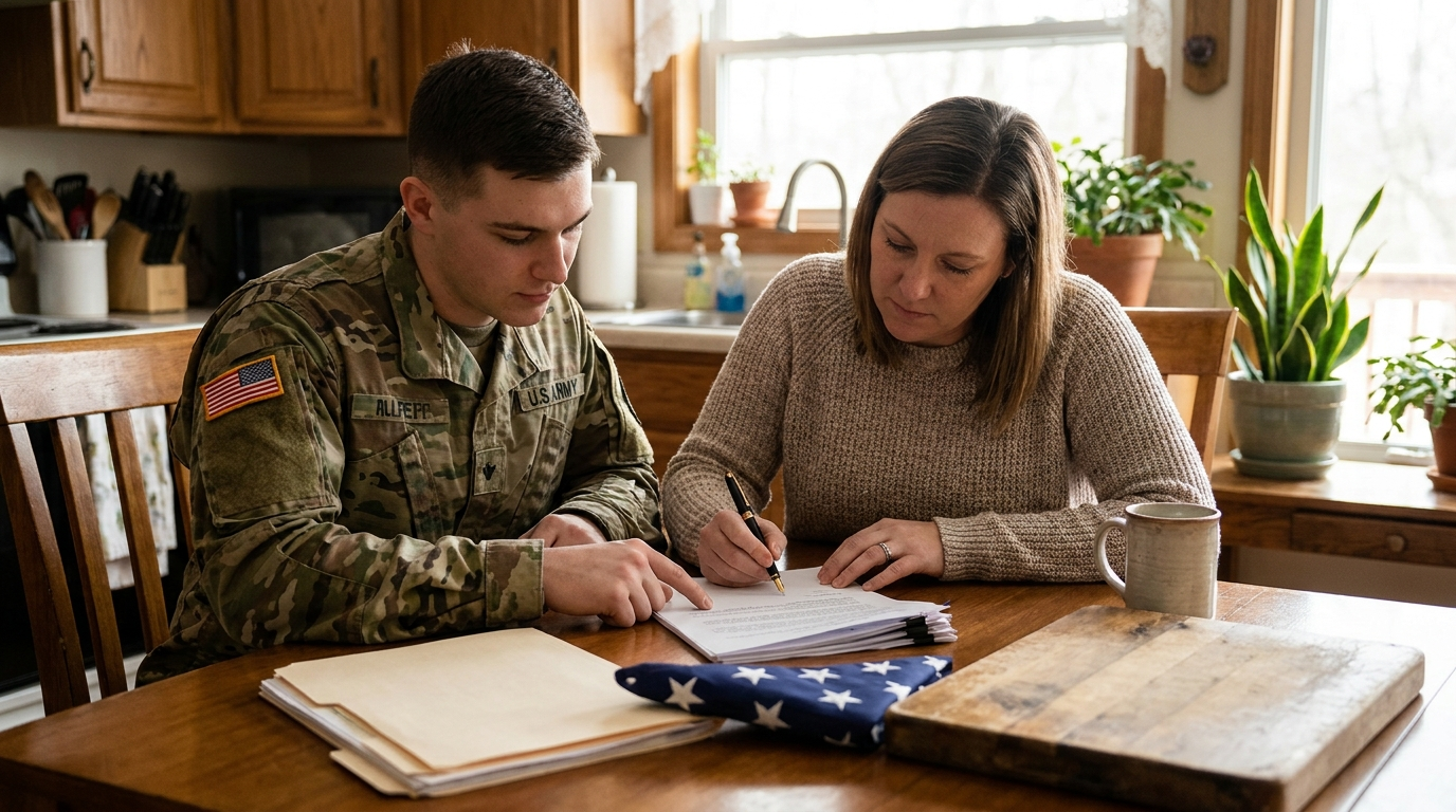 Military power of attorney 2026 — US Army soldier and spouse signing deployment paperwork at kitchen table