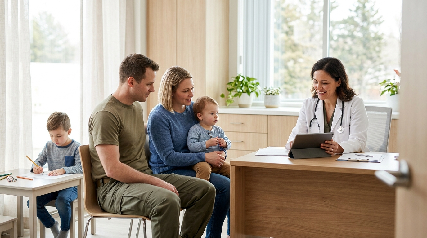TRICARE Prime vs Select 2026 comparison — military family meeting a clinic doctor to choose a health plan