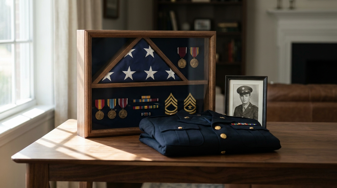 Military retirement gifts 2026: shadow box with folded American flag, service medals and rank insignia on a wooden table