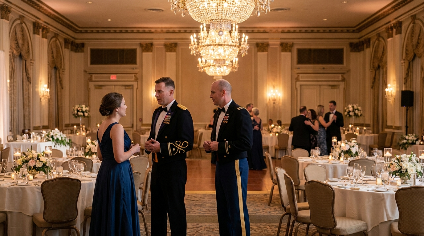 Military ball attire 2026: a service member in formal dress uniform and a partner in a floor-length evening gown at a chandelier-lit ballroom
