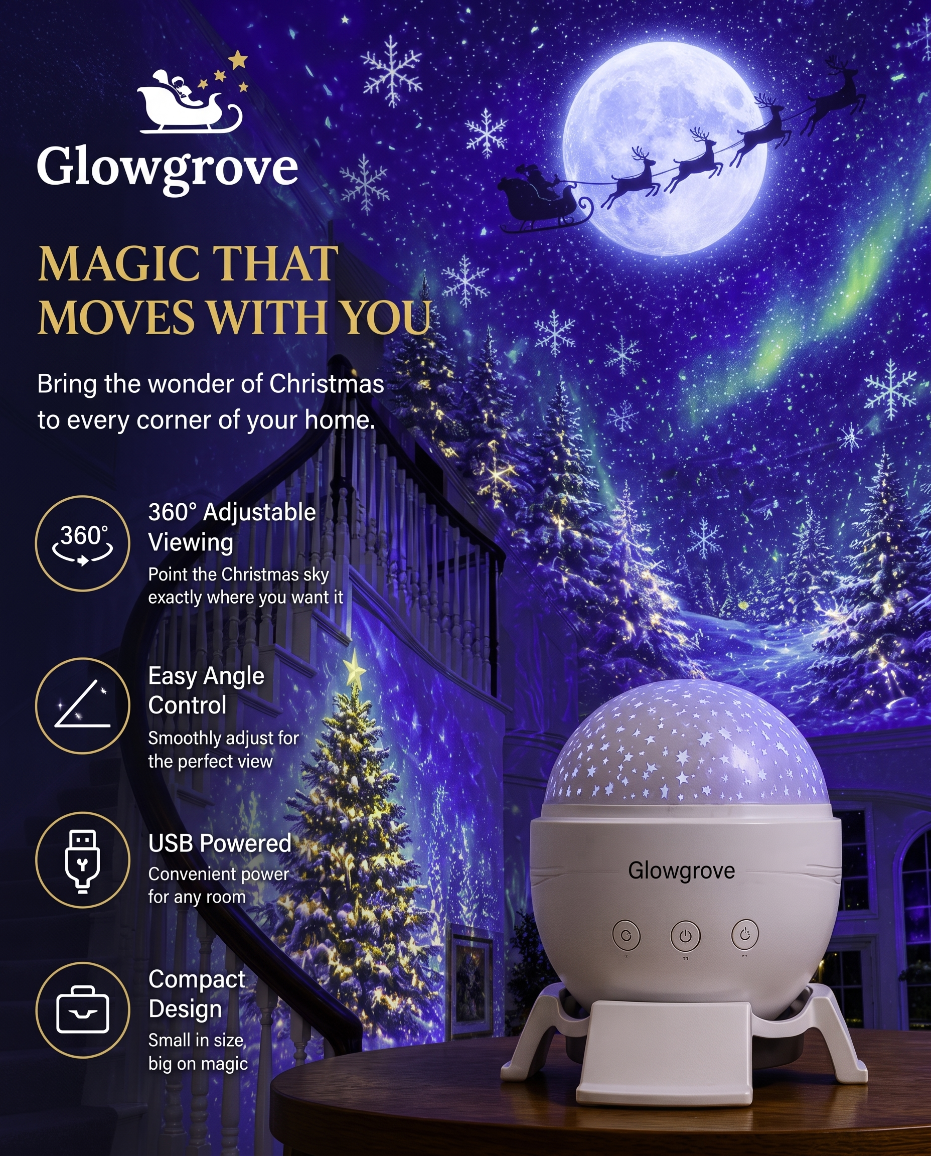 Glowgrove Sky Projector lighting a staircase