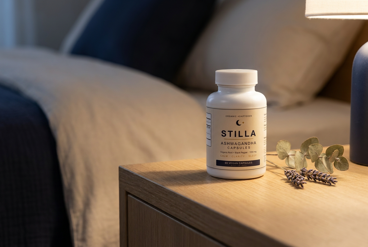 STILLA Ashwagandha capsules on a calm nightstand at dusk