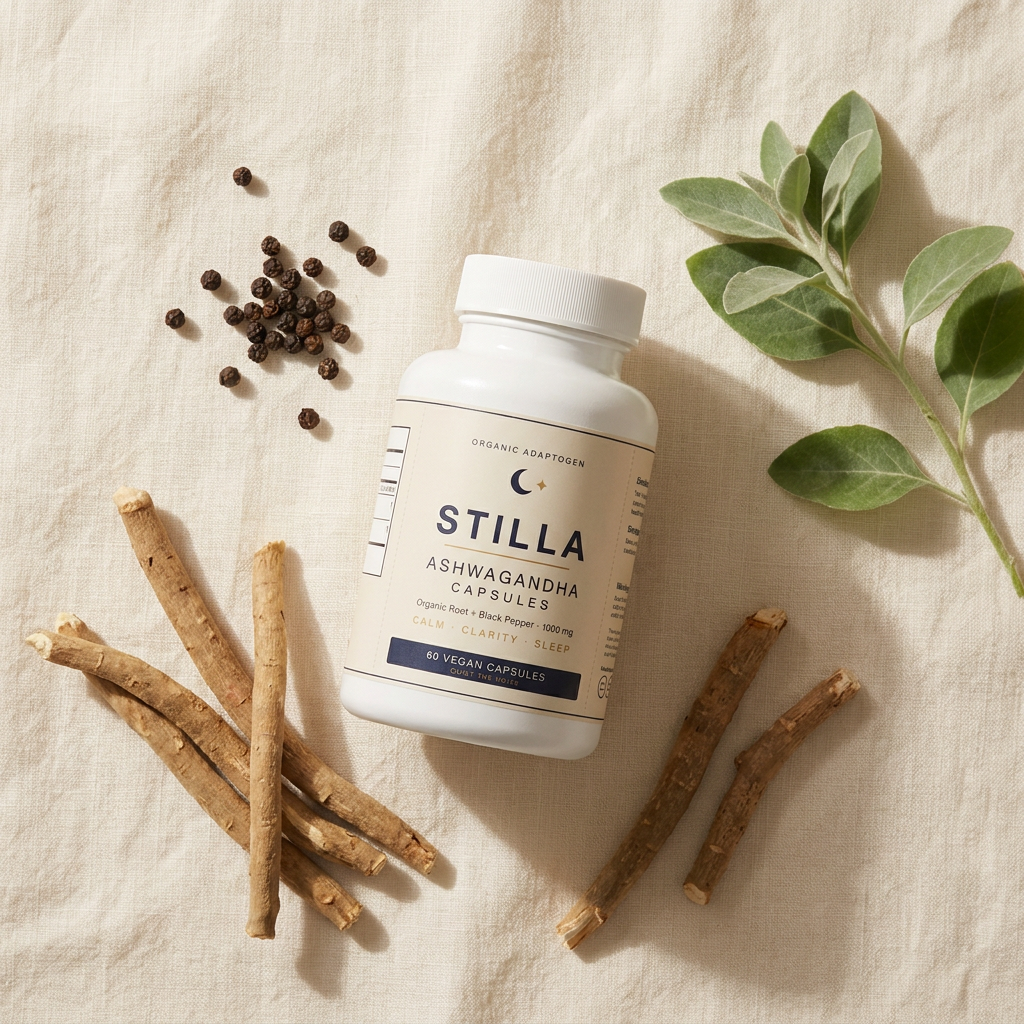 STILLA Ashwagandha bottle with organic root and black pepper