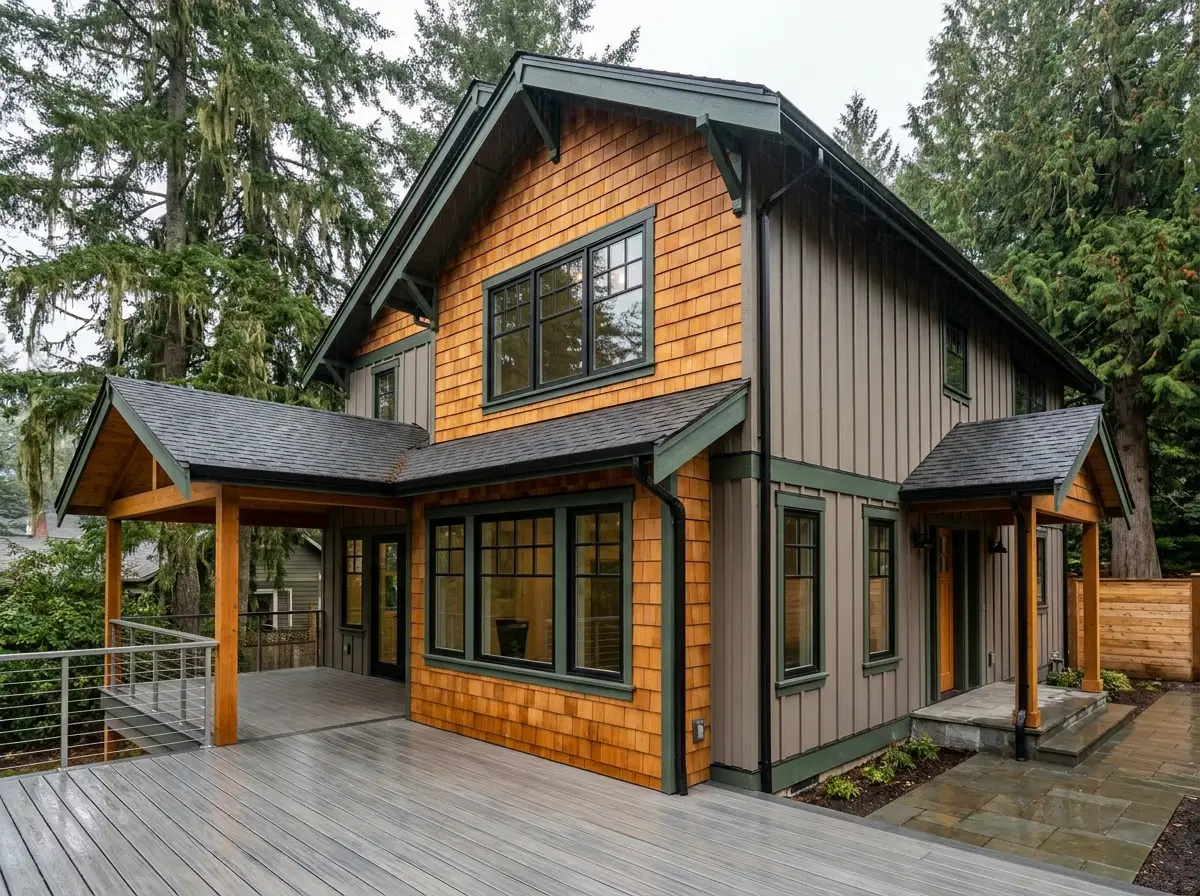 Exterior remodel concept — new siding, black-frame windows and composite deck on an Oregon craftsman home