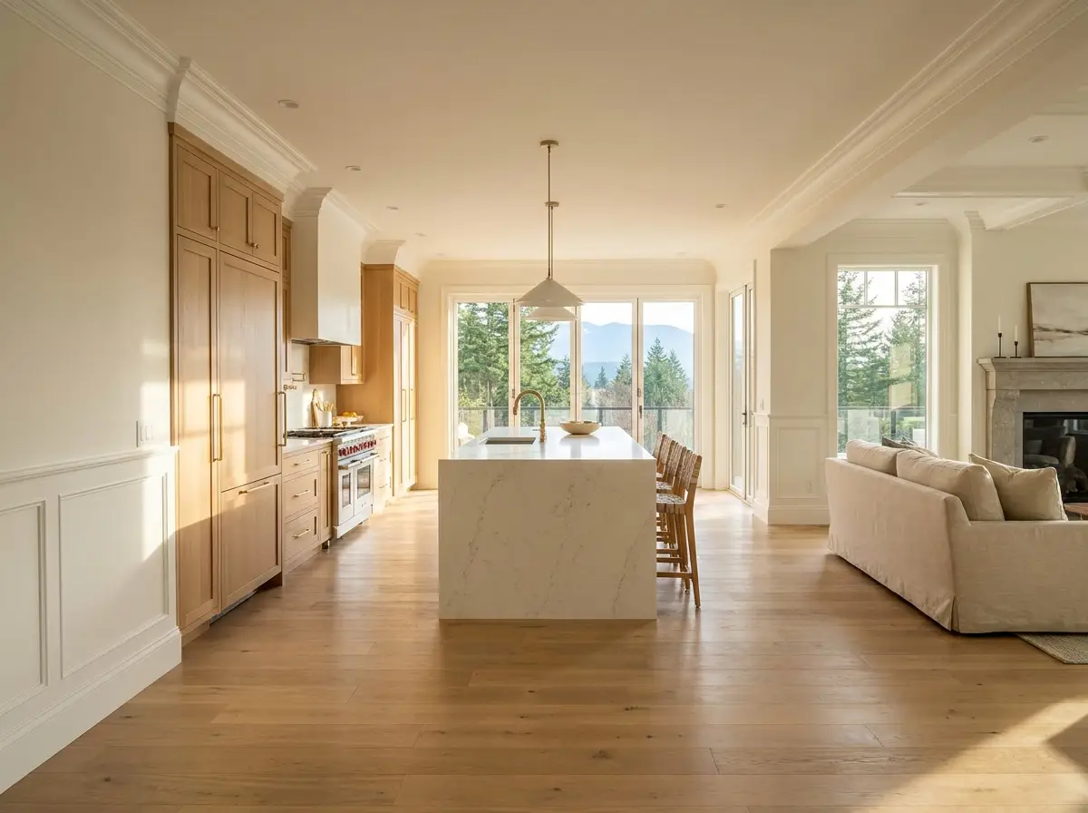Interior remodel concept — custom white-oak cabinets, quartz island and hardwood flooring