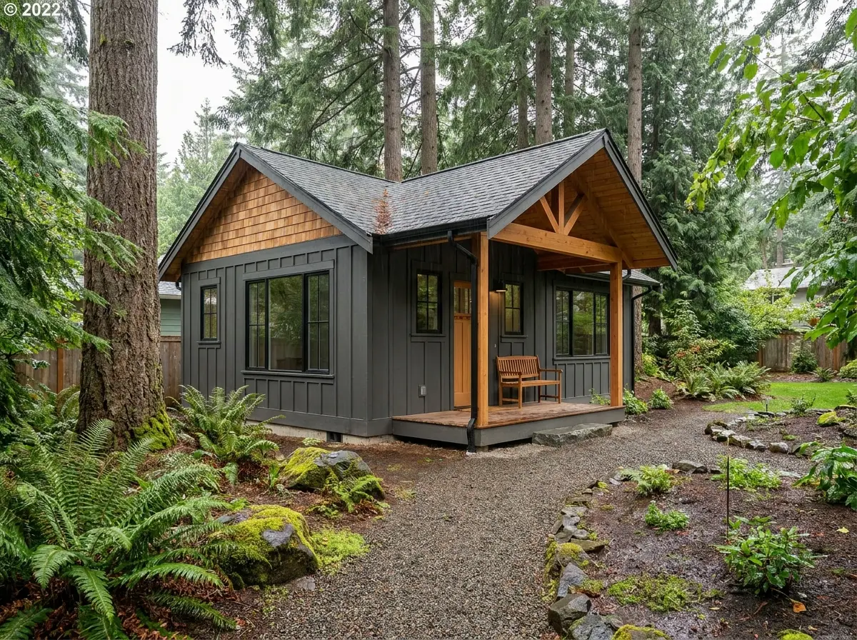 ADU construction concept — detached backyard cottage with cedar accents in an Oregon yard