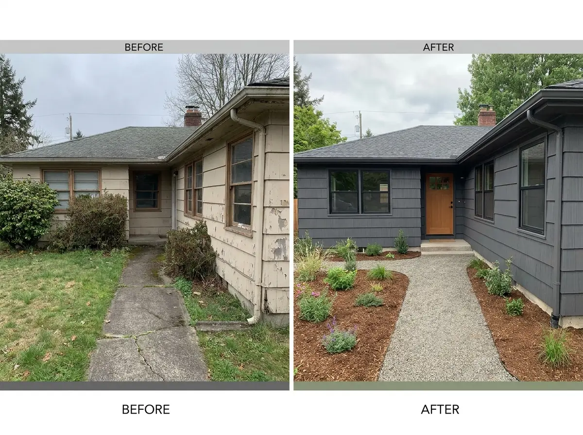Fix and flip renovation concept — rehabbed ranch home exterior, market-ready