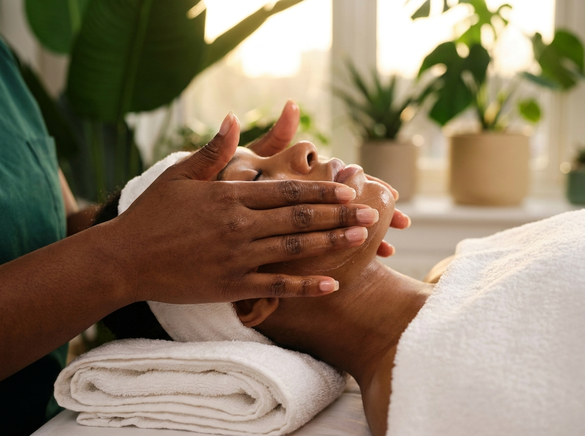 Therapist hands giving a calming facial treatment
