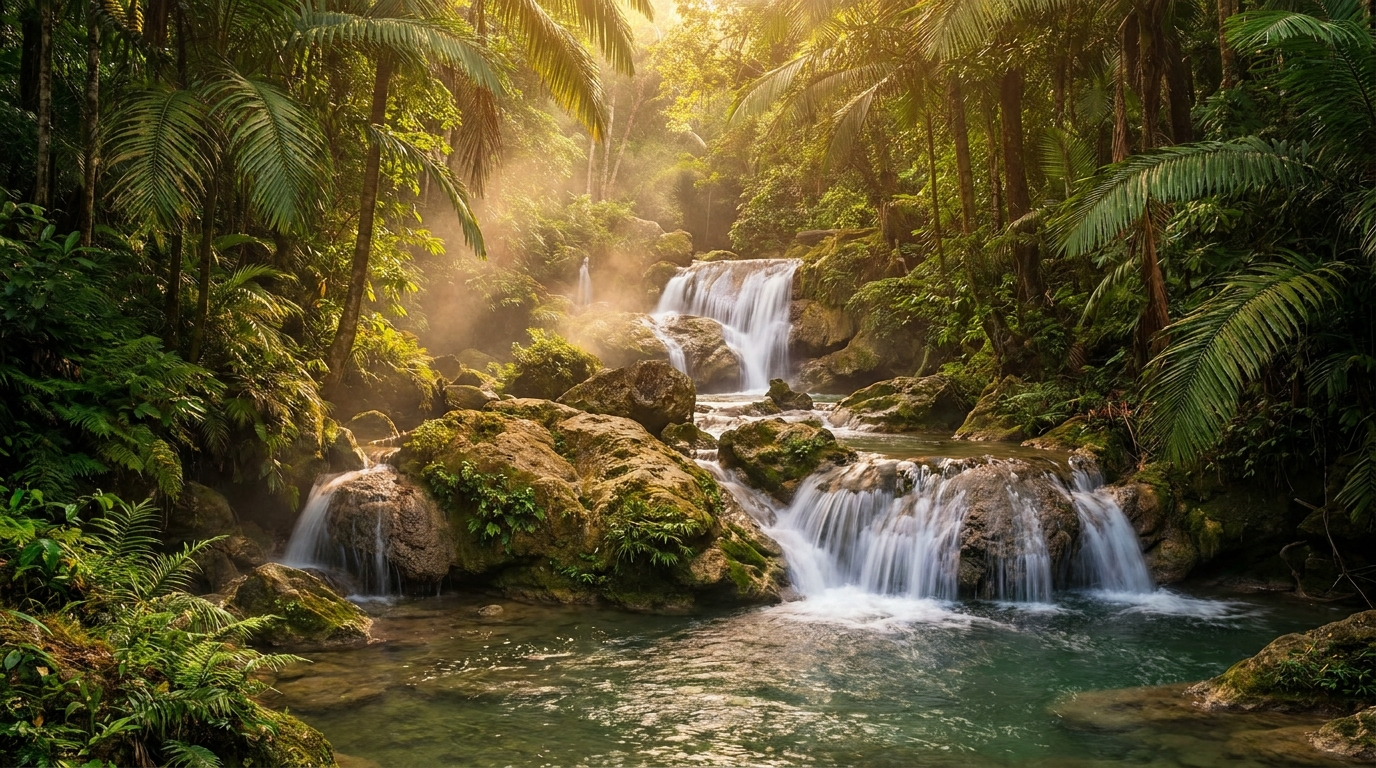 Tropical waterfall through lush foliage near Ocho Rios