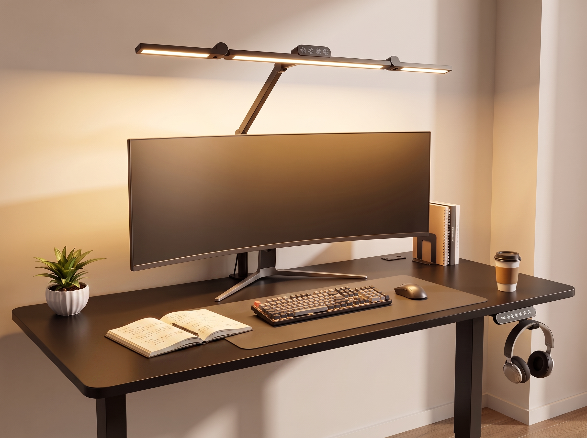 Lampe de bureau LED à pince DeskZen au-dessus d'un double écran