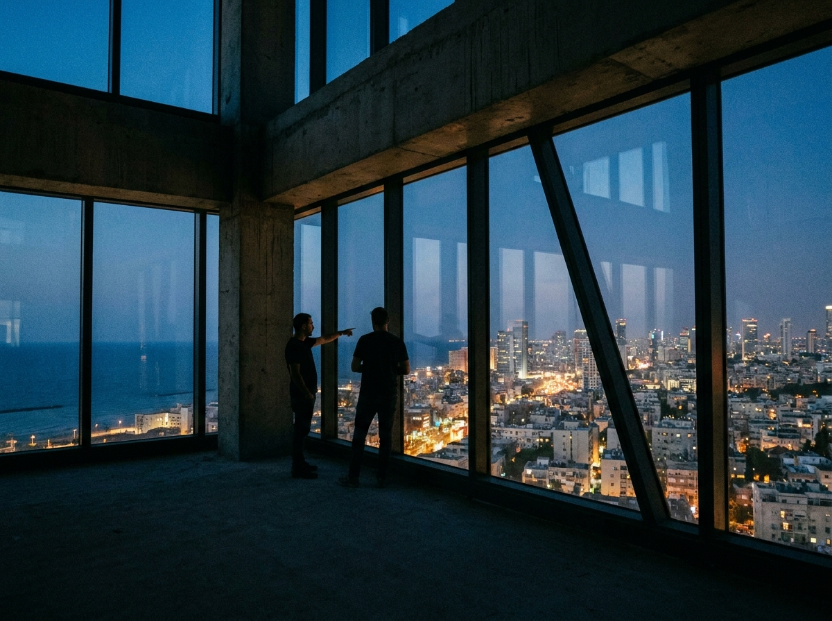 Engineers at a window overlooking the city at dusk