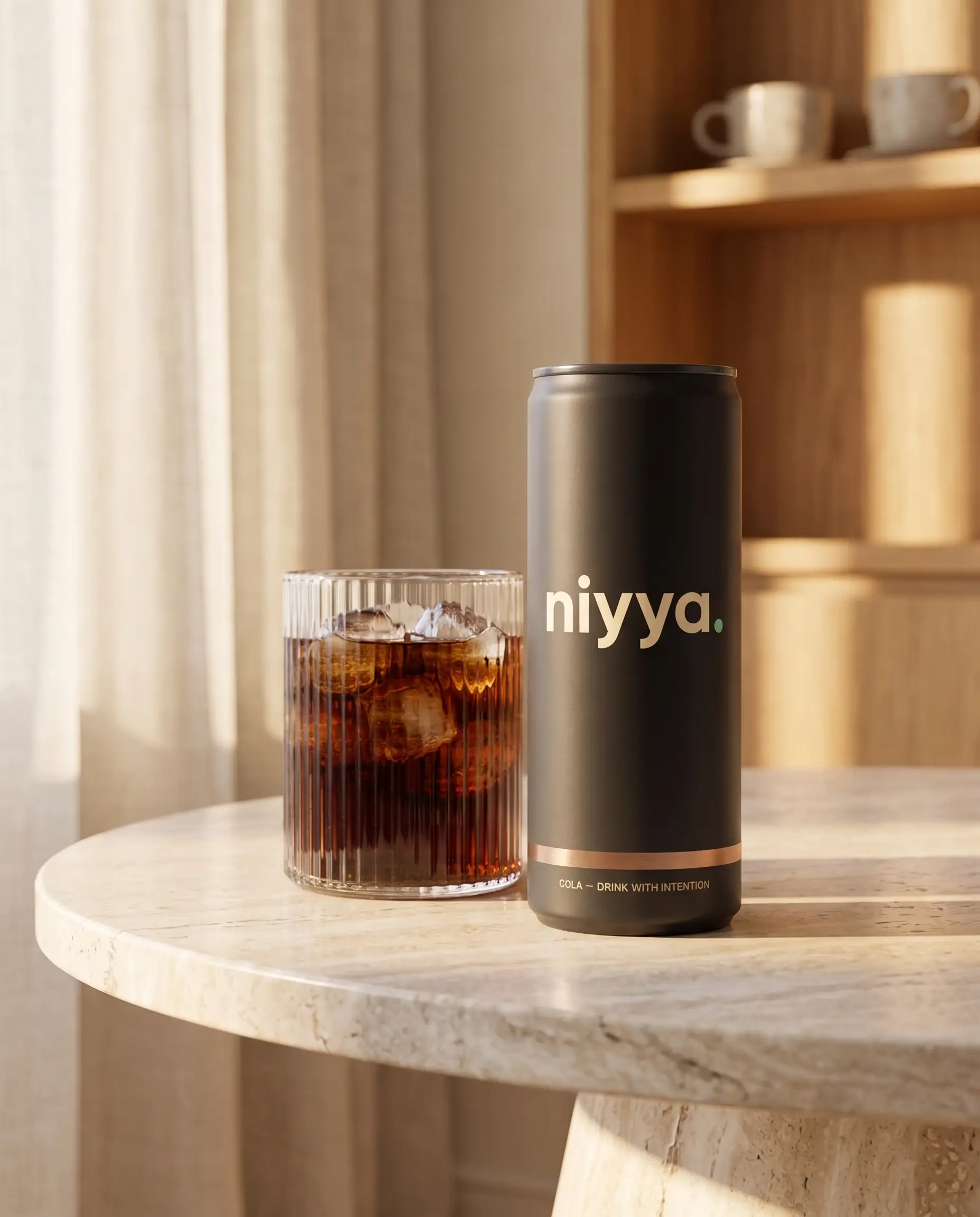 niyya cola can on a café table
