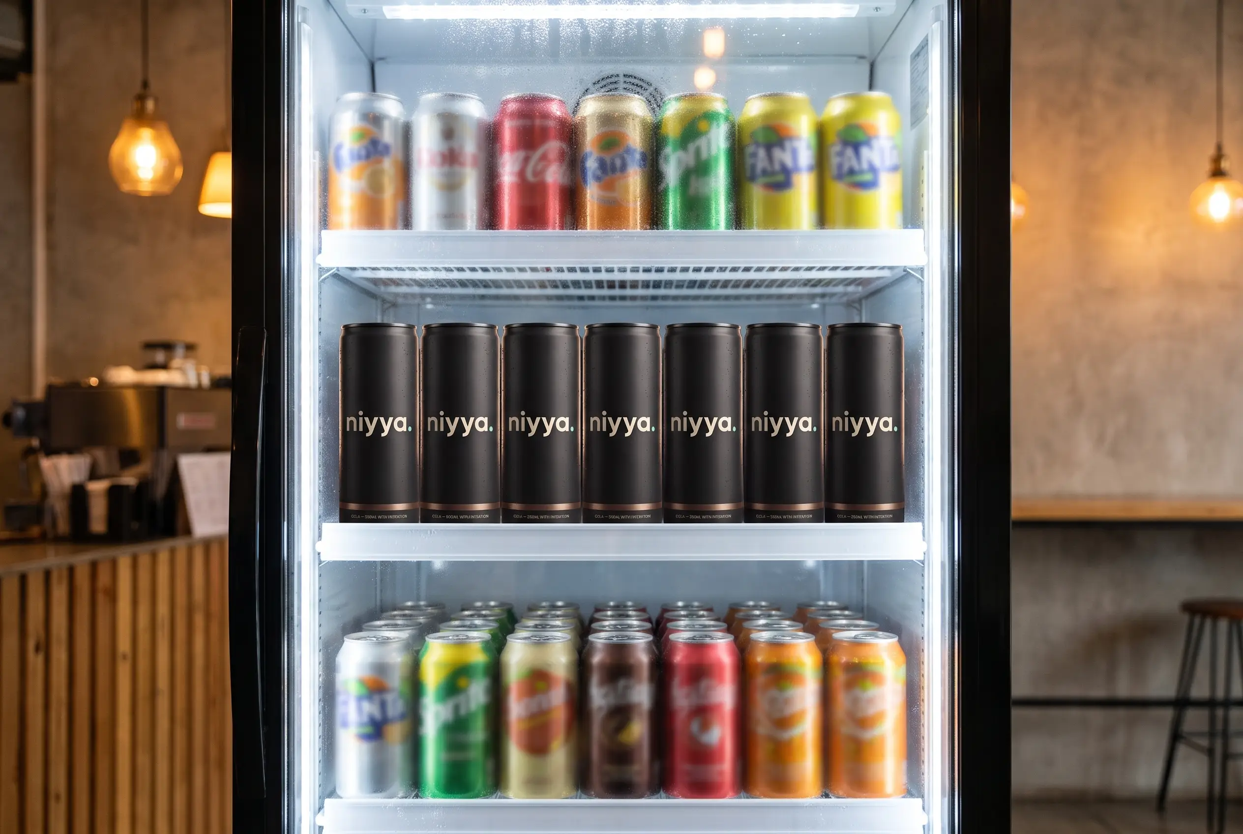 niyya cola cans in a café fridge