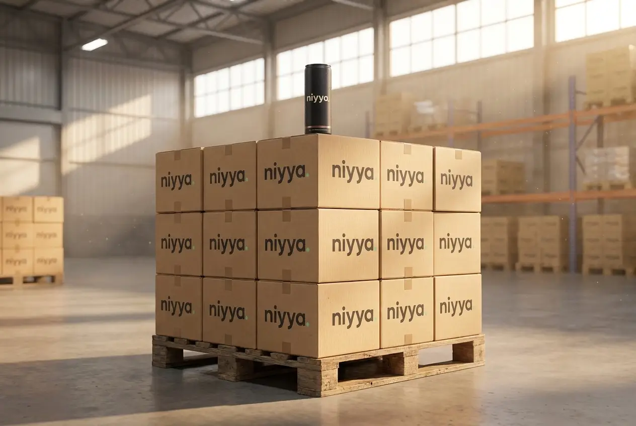 niyya branded cartons stacked on a pallet in a warehouse