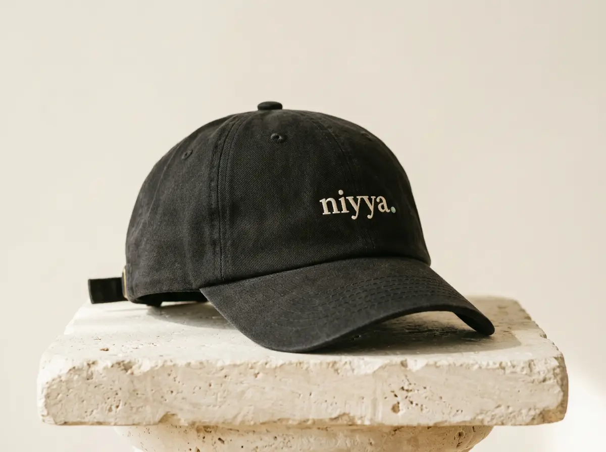charcoal niyya dad cap with cream embroidered wordmark