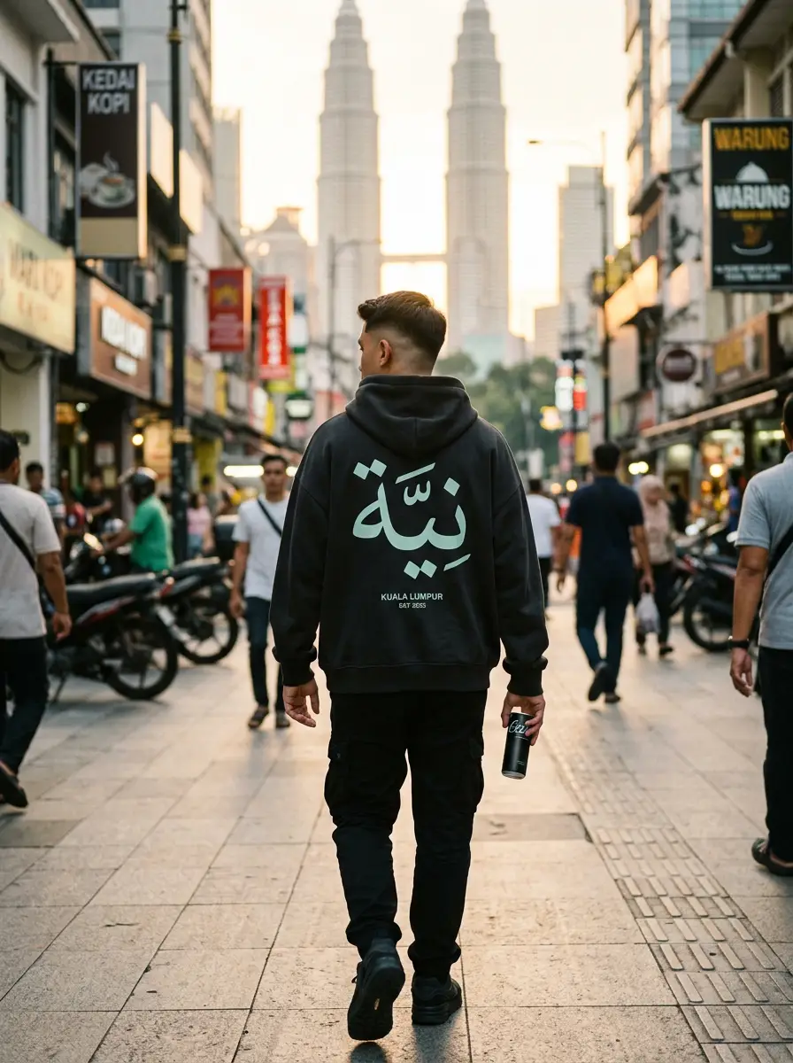 oversized charcoal niyya hoodie with mint Arabic calligraphy back print, worn on a Kuala Lumpur street