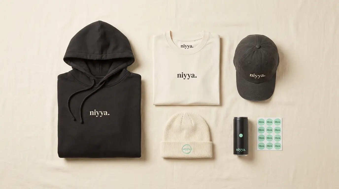 niyya gear capsule flat-lay: hoodie, tee, cap, beanie, can and stickers on cream linen