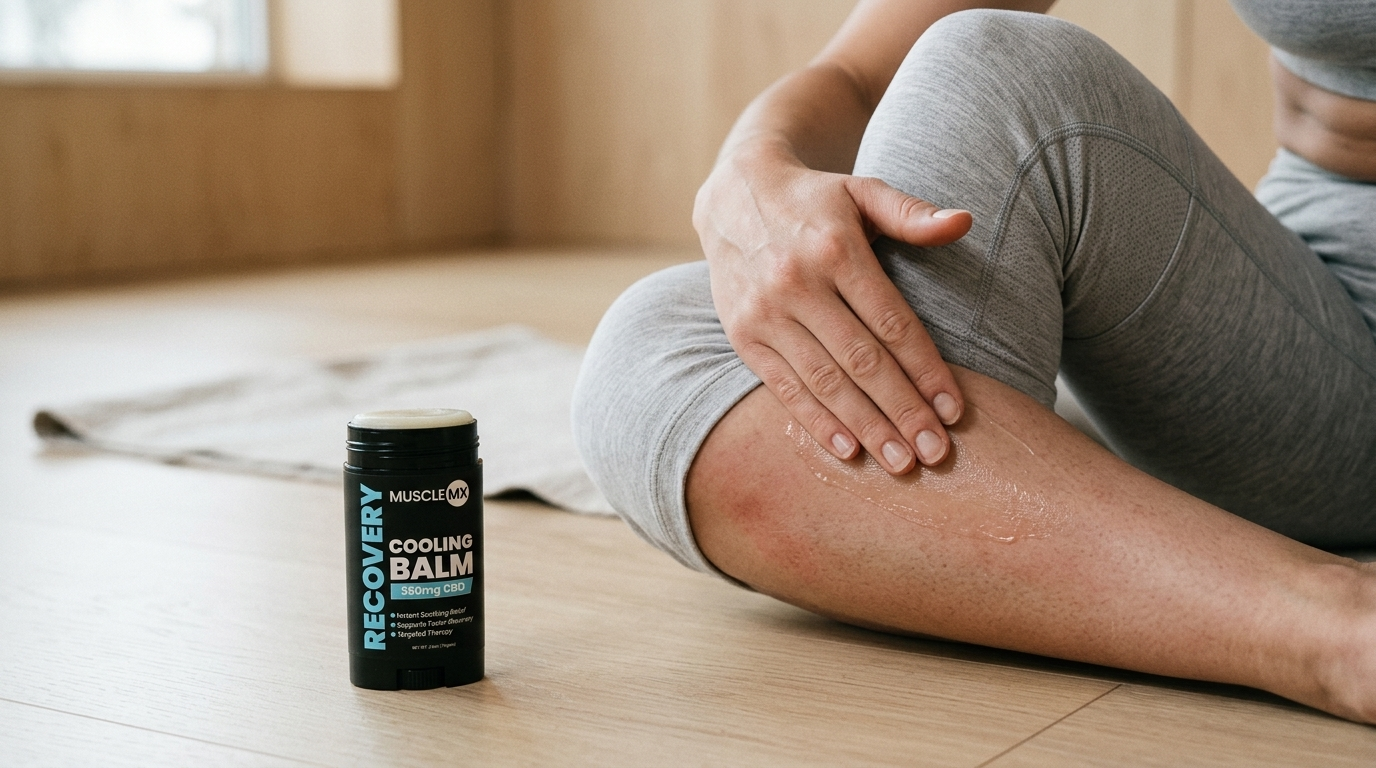Person applying Muscle MX Recovery balm to sore calf after exercise