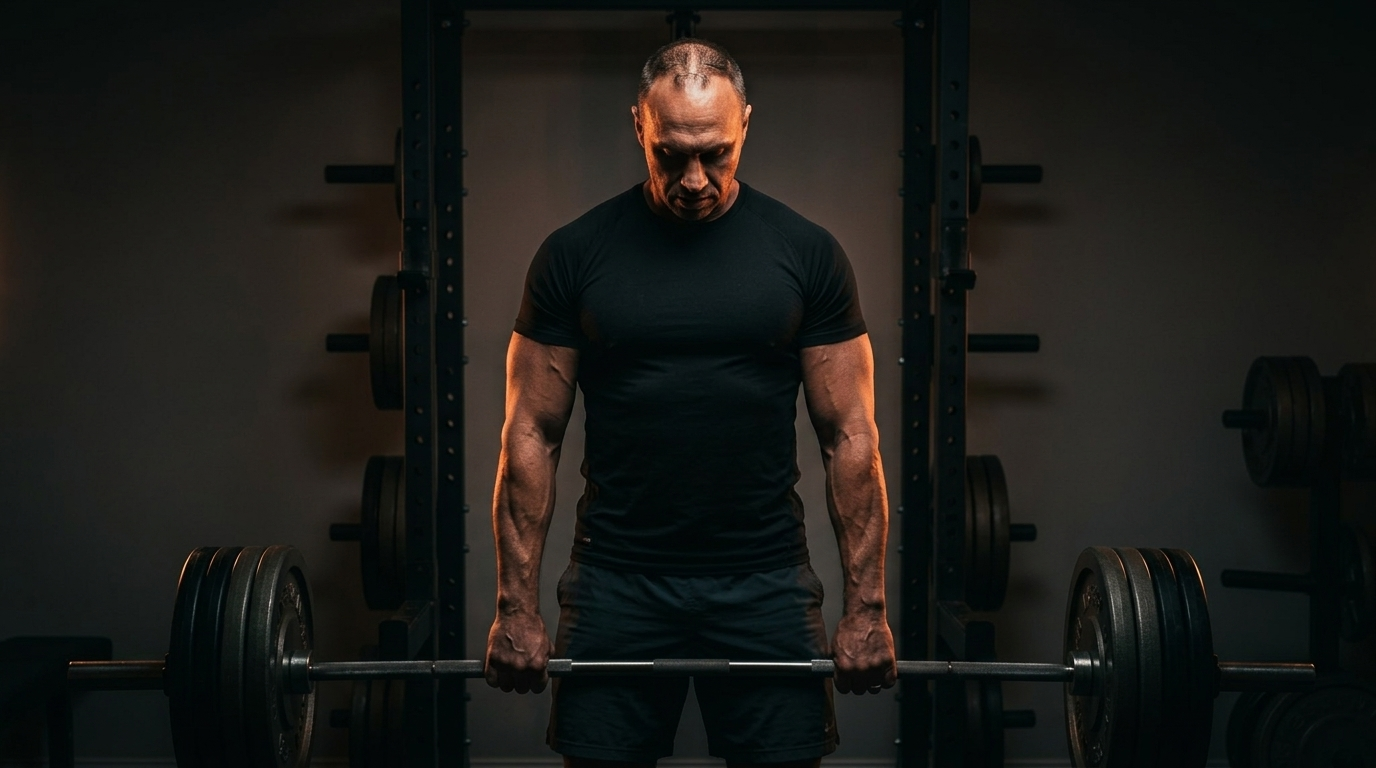 Man mid-deadlift in a dark, moody home gym