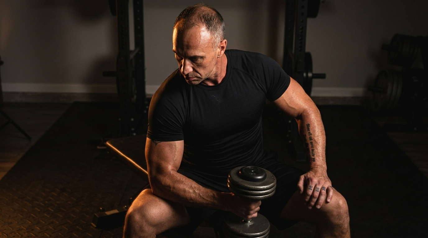 Man resting between sets with a dumbbell, tattoos visible on his left hand and forearm, in a dark, moody home gym