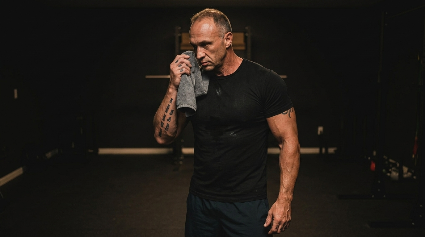 Man wiping his face with a towel after a simple workout in a dark, moody home gym