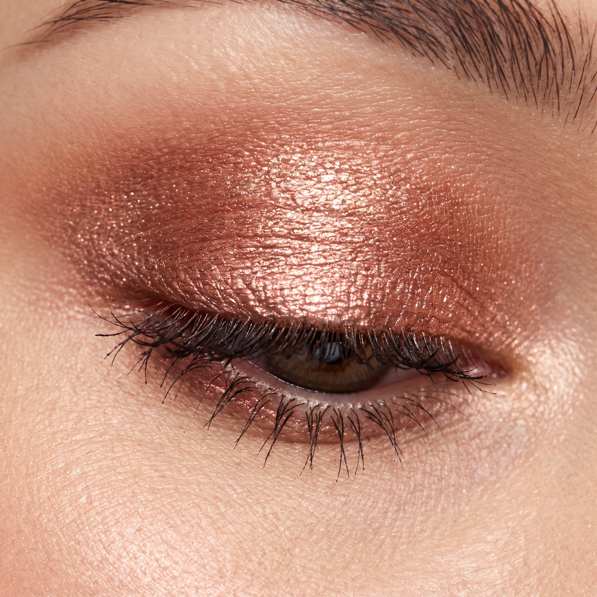 Finished multichrome copper-rose eyeshadow look on the eye