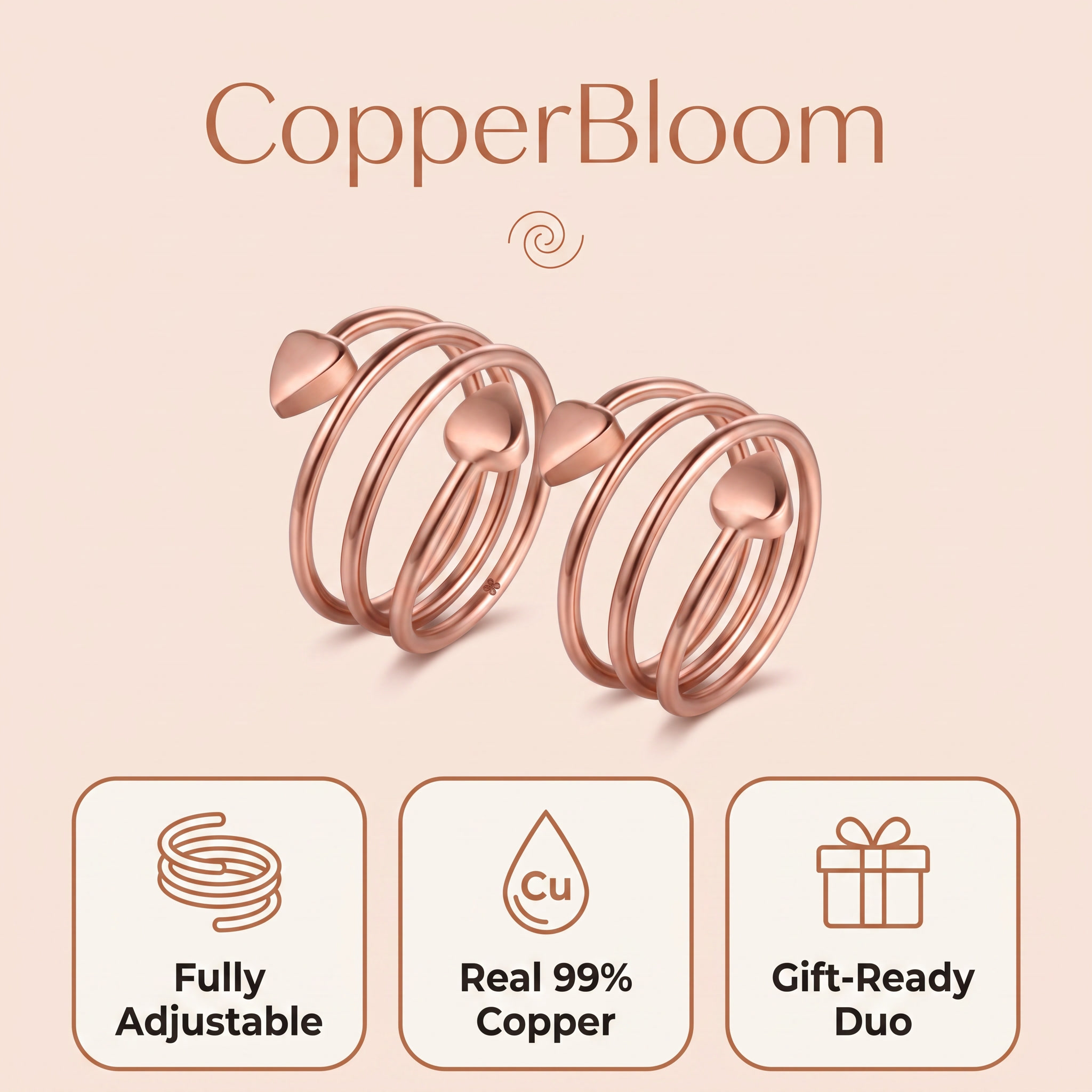CopperBloom benefits: fully adjustable, real 99% copper, gift-ready duo