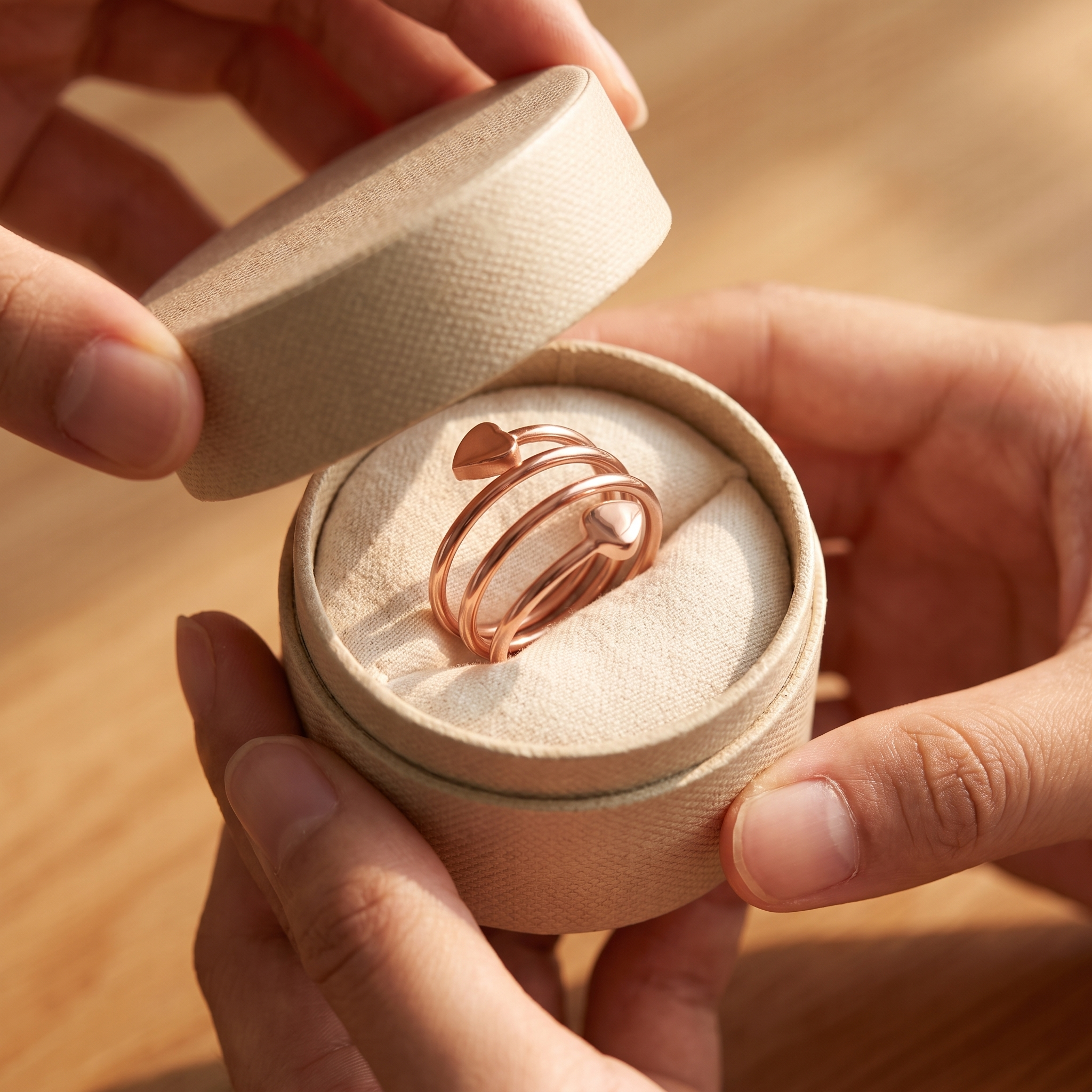 Hands opening the CopperBloom ring box