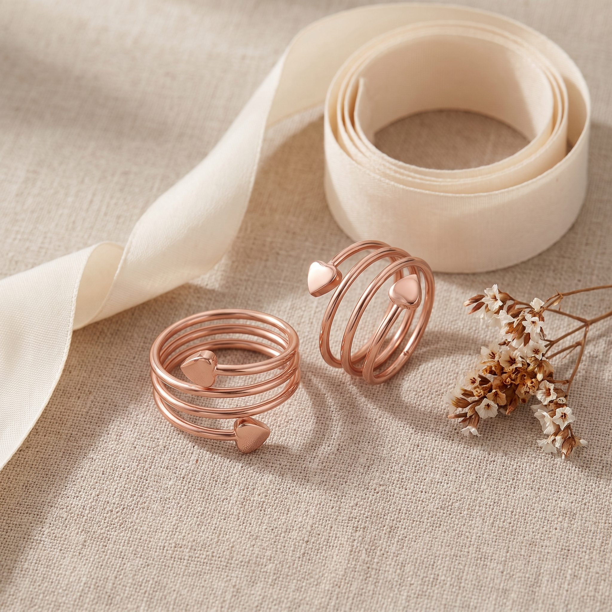 CopperBloom ring duo styled with ribbon, flat lay