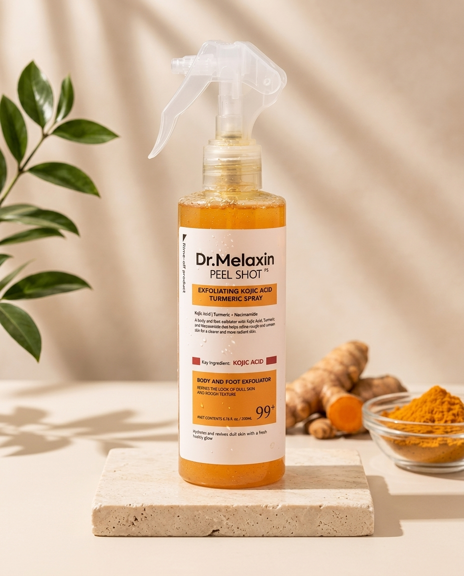 Peel Shot: spray exfoliante de ácido kójico y cúrcuma sobre pedestal de piedra