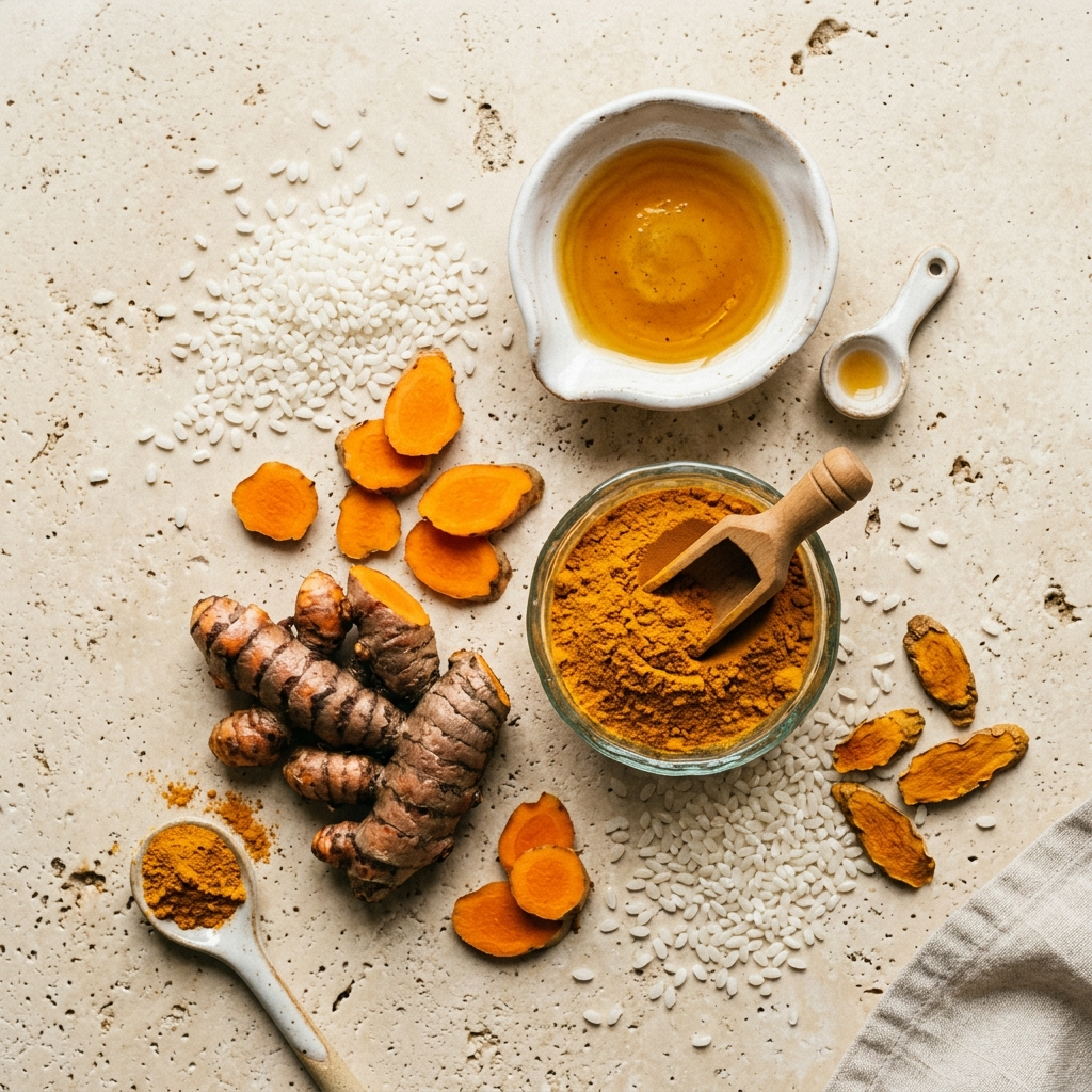 Composición de ingredientes: cúrcuma fresca, polvo de cúrcuma y líquido dorado
