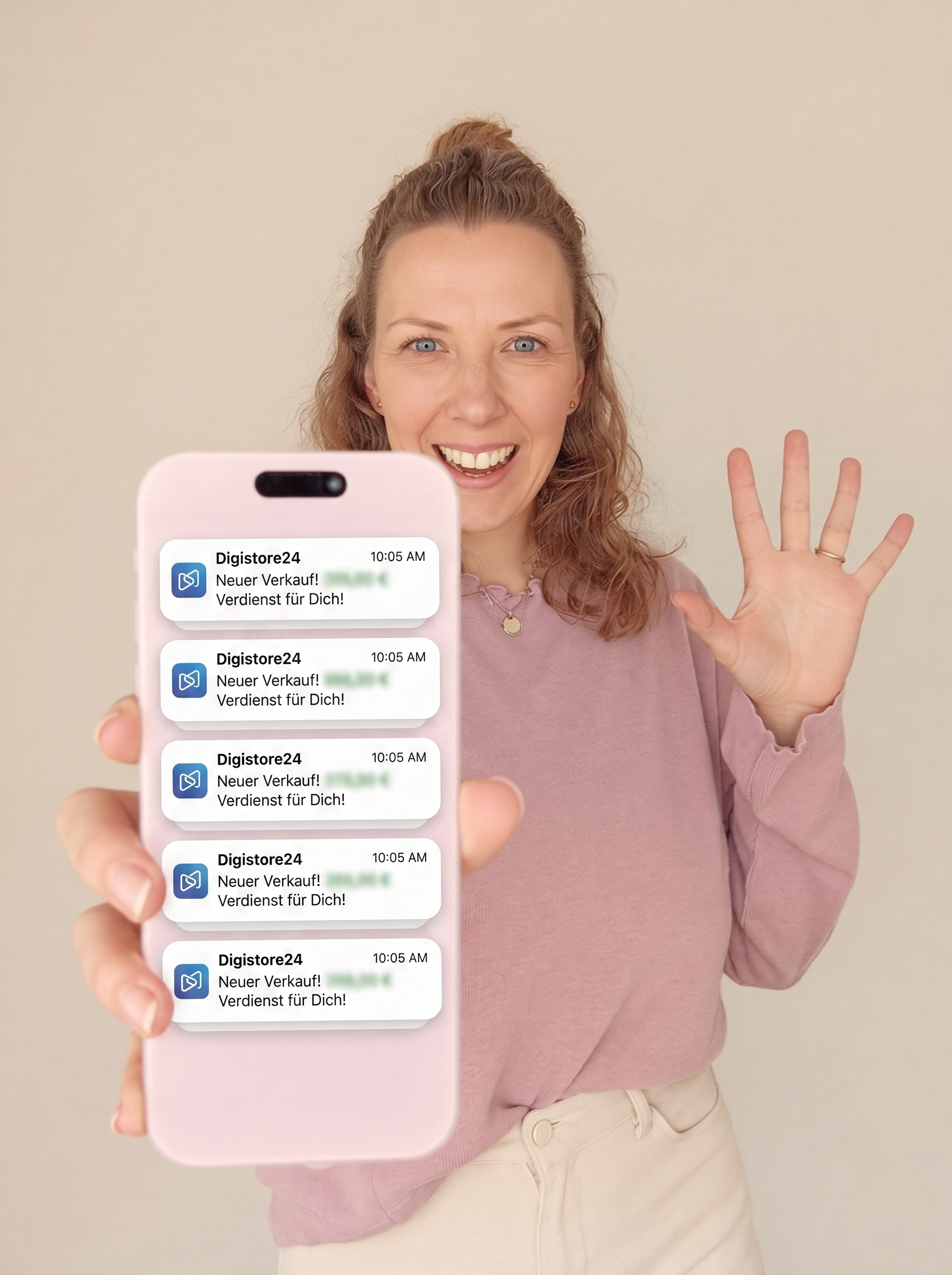 Sina mit Handy und Verkaufsmeldungen