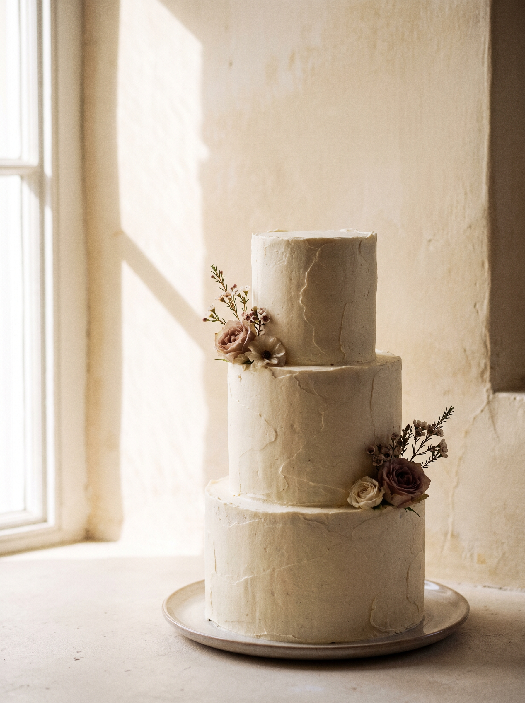 A three tier ivory buttercream wedding cake