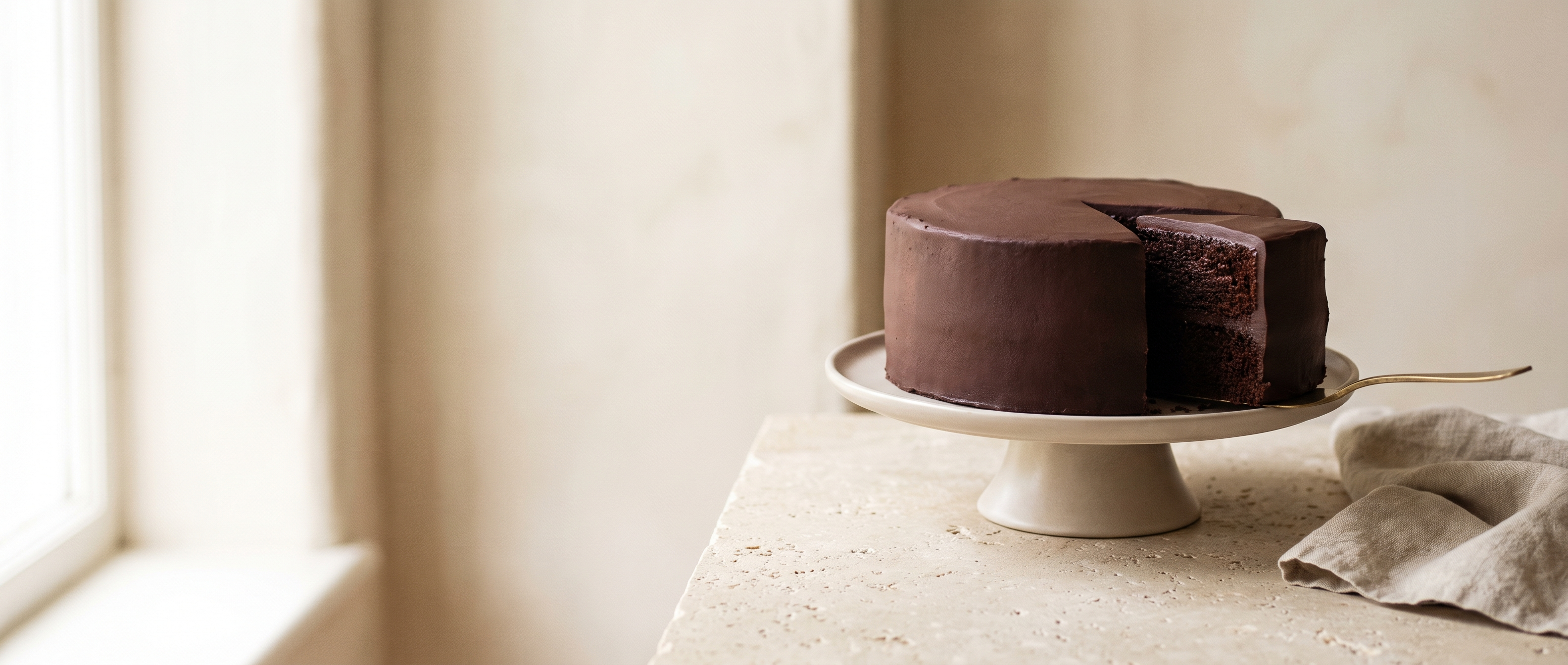 A chocolate cake on a pale ceramic stand in morning light