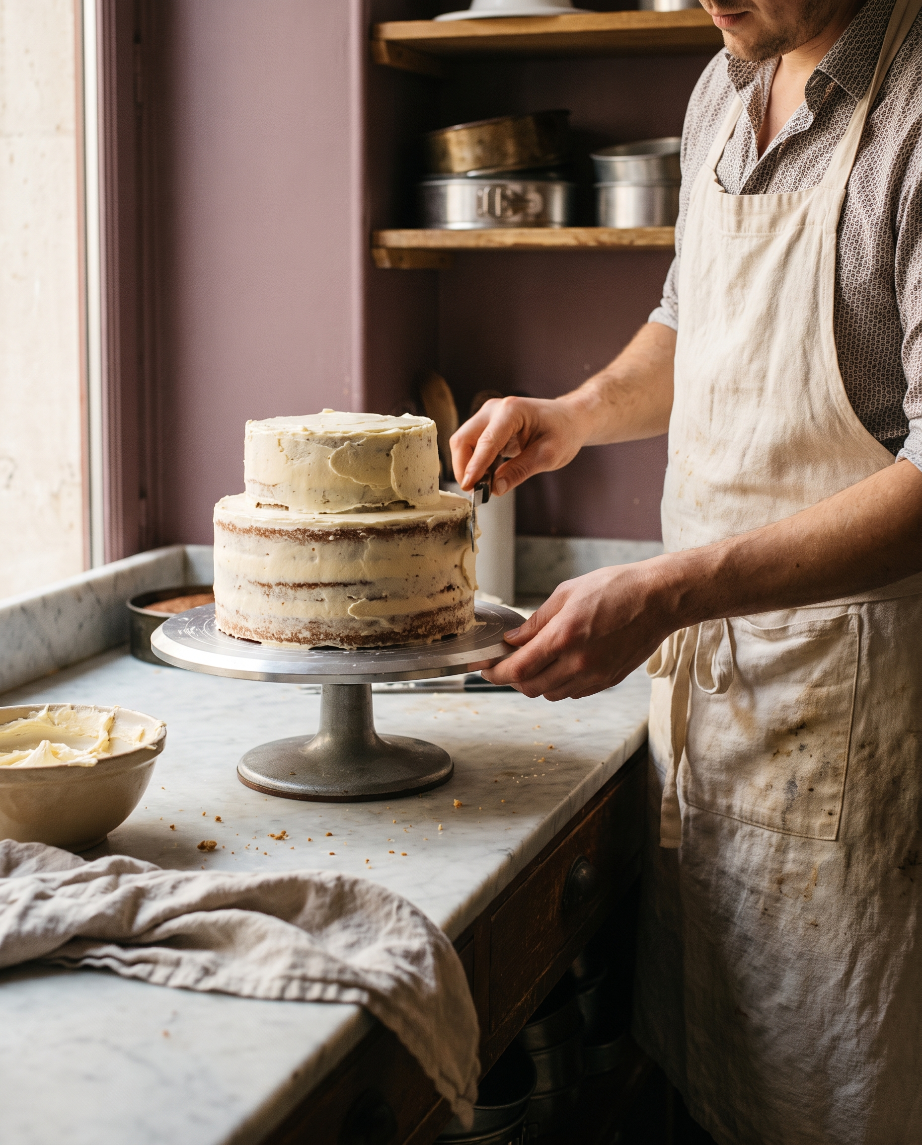 A baker smoothing buttercream onto a cake on a turntable
