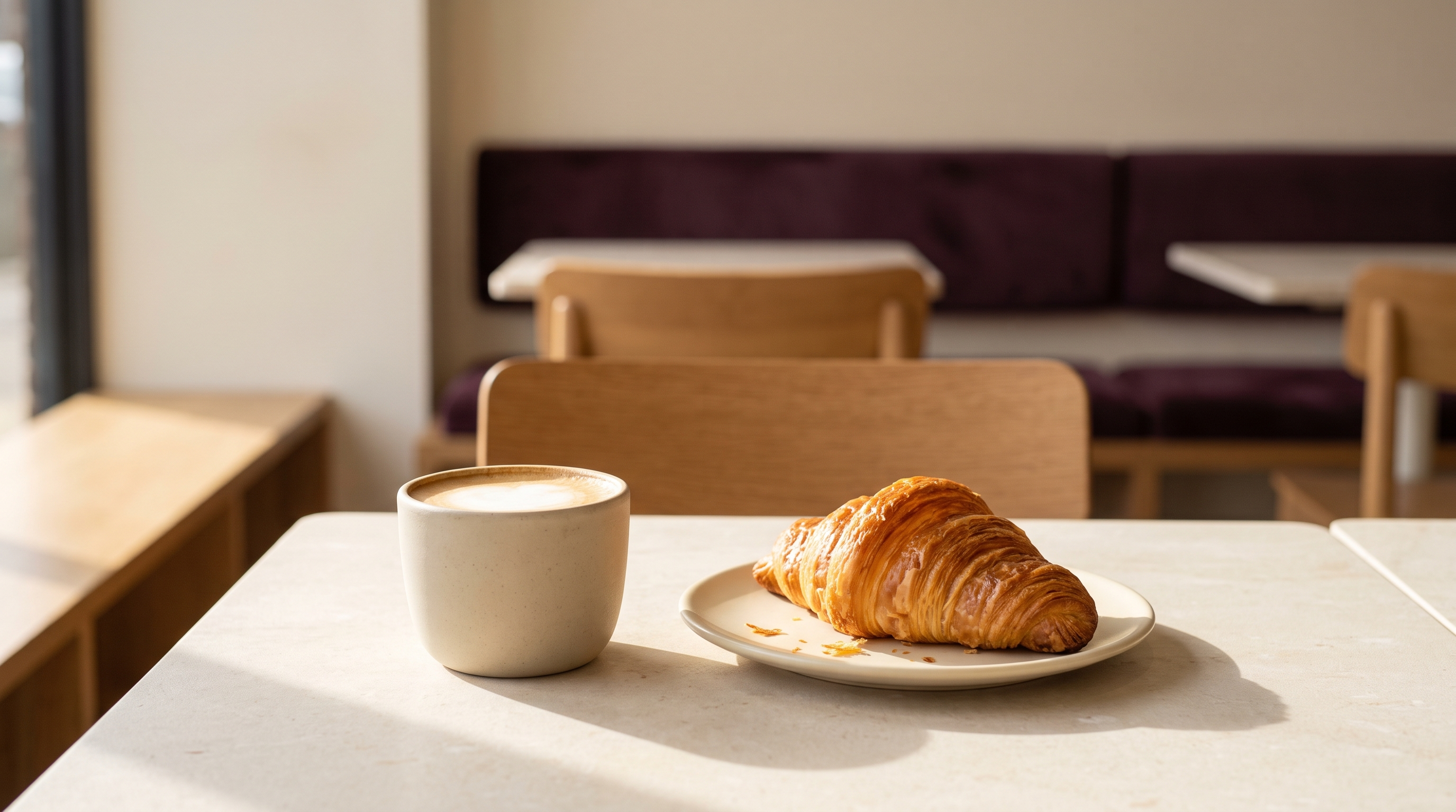 A flat white beside a croissant on a limestone table